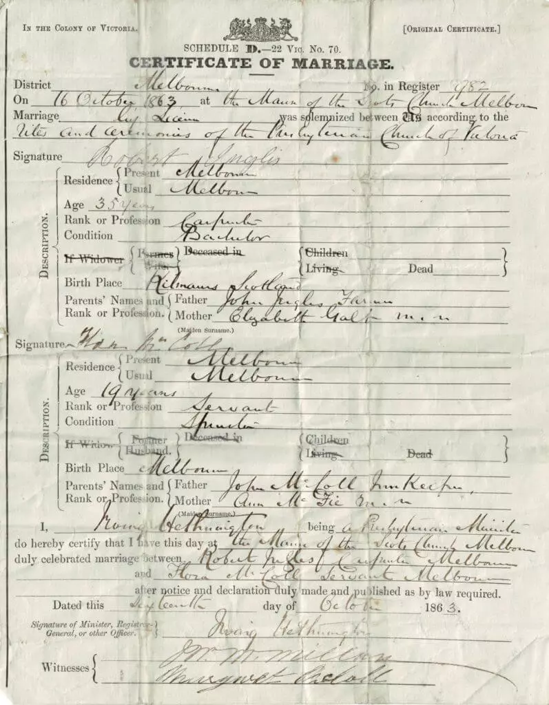 1863. Flora McColl and Robert Inglis are married, Scots Church, Melbourne.